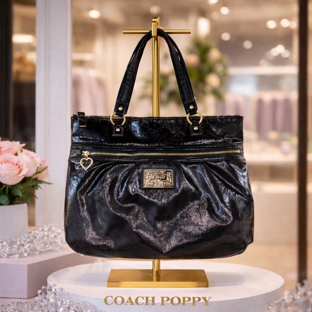 COACH POPPY Daisy Liquid Gloss Black Patent Leather Tote Satchel Shoulder Bag